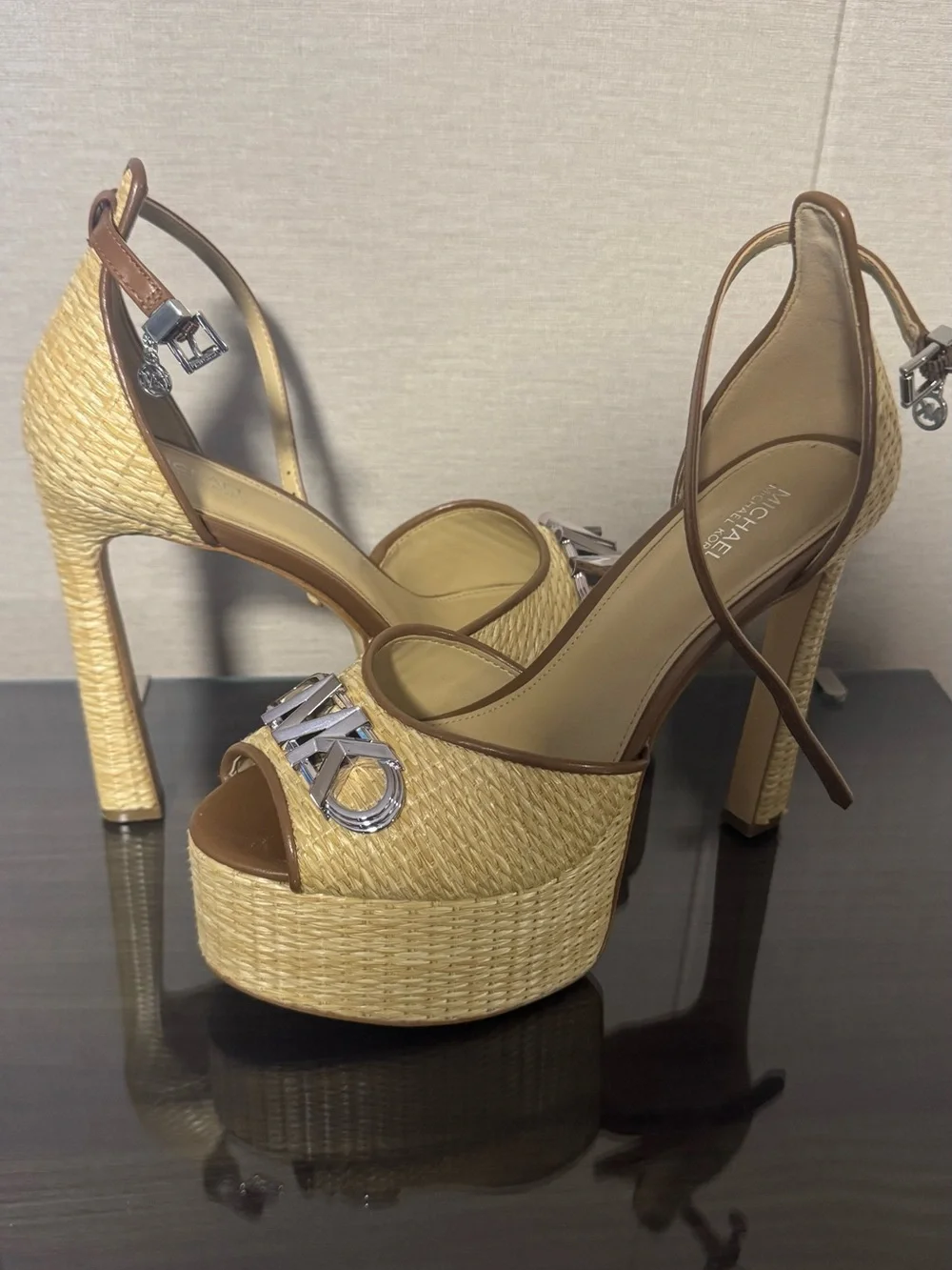 Michael Kors Tan & Natural Woven Platform Sandals with MK Logo